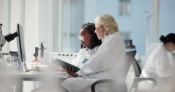 Scientist, assistance and people with computer, online and intern with notes, tablet and medical research. Teamwork, women and asking for advice in lab, helping and trainee with info for experiment