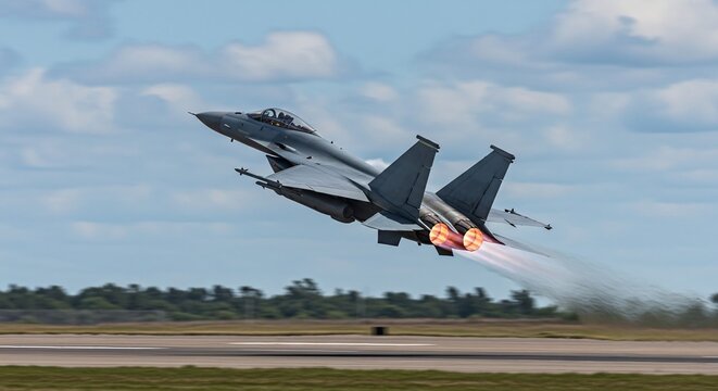 A fighter jet takes off with afterburners engaged, producing bright flames and vapor trails.
