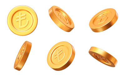 3d set of golden Turkish lira coins with different angles. Stock vector illustration on isolated background.	