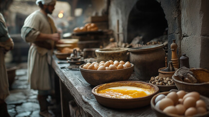  An ancient Roman kitchen with chefs preparing an early version of flan. A rustic wooden table holds bowls of eggs, honey, and milk, while a chef stirs the mixture in a clay bowl