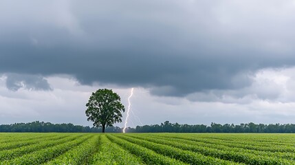 Naklejka premium A dark, ominous cloud formation with a single bolt of lightning striking a lone tree in a field.
