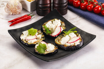 Grilled eggplant with cheese and radish