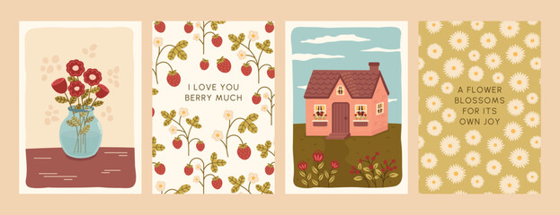 Soft gentle cottagecore spring poster collection. Greeting card with cottage, summer house, flower vase, strawberry blossoms and daisies. Vector illustration.