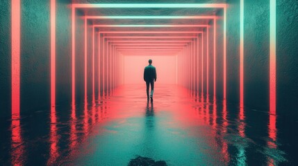 Man Walking Through Neon-Lit Corridor with Reflections on Floor