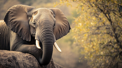Elephant resting its trunk on rock with wise eyes in nature