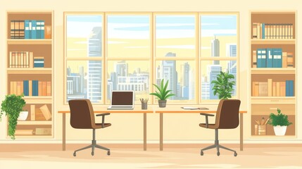 Fototapeta premium Modern office workspace with city view. Ideal for presentations, articles, or inspiration
