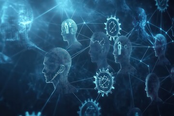 A corporate leadership and success training illustration featuring human profiles connected by moving gears and innovation symbols.