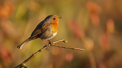 Fototapeta premium European robin perched on sunlit branch in autumn