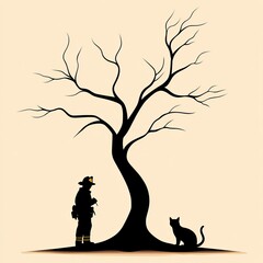 Brave firefighter stands by a bare tree with a curious cat, symbolizing rescue and hope.