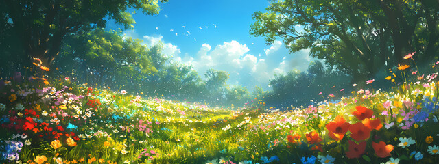 Fresh and Lush Spring Meadow Overflowing with Wildflowers
