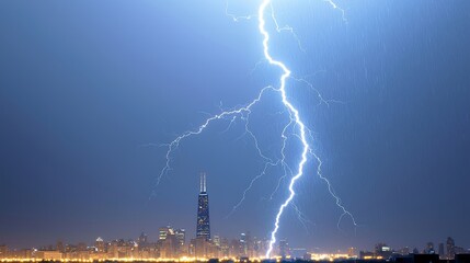 A dramatic shot of a lightning bolt striking a tall building in a city, with rain pouring down.