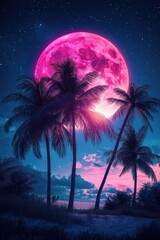 Naklejka premium Pink moon over tropical palms