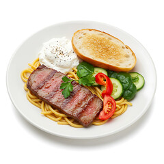 Steak and Spaghetti with Vegetables on White Plate