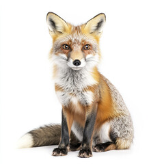 fox sits on white background, looking curious