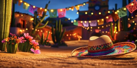 Naklejka premium Festive Mexican Village Night Scene with Sombrero