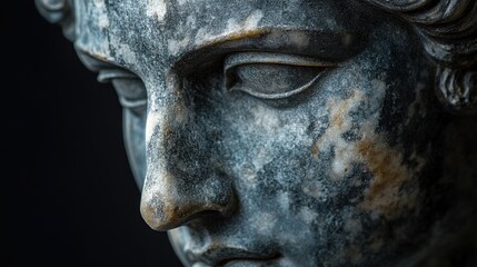Close-up of ancient weathered stone statue face