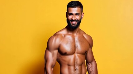 A man with a beard stands in front of a yellow wall