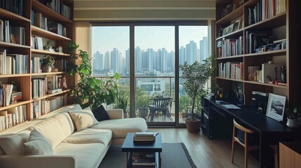 A stylish yet inviting living room with natural wood furniture, a white sofa, and a black desk filled with books and plants. The balcony overlooks Seoul skyline.