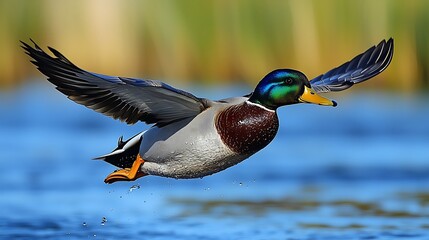 Obraz premium Mallard Duck Taking Flight Over Water