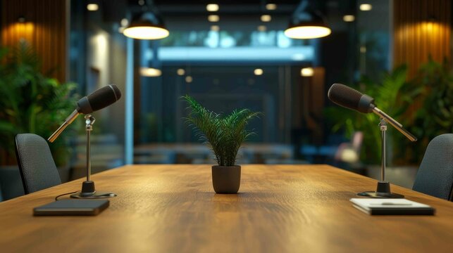 A well-designed interview setup with a natural wooden table, sleek chairs, and two adjustable microphones, creating an elegant, professional atmosphere