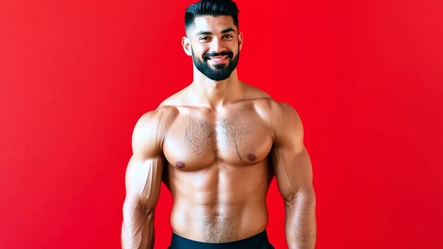 A man with a beard stands in front of a red wall