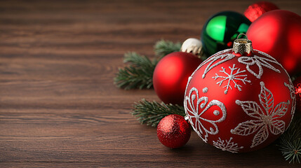 Christmas Ornaments and Evergreen Twigs Arranged on Wooden Surface for Festive Holiday Decoration
