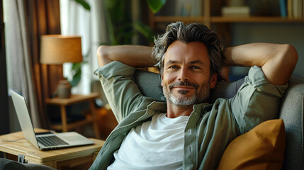 Obraz premium Comfortable Mature Man Leaning Back in a Chair Relaxing at Home with Laptop Nearby Smiling