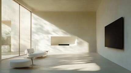 Modern minimalist living room, sunlight streaming through large window, showing comfortable seating and large screen TV