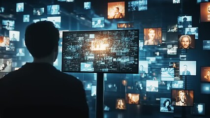 A person viewing a digital data stream surrounded by various video panels of people. - Powered by Adobe