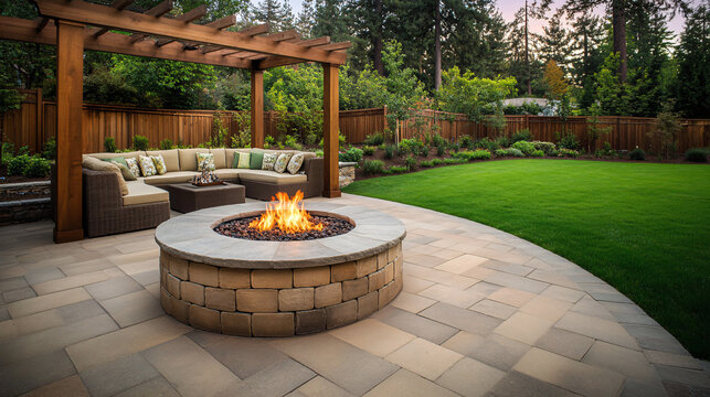 Cozy Outdoor Patio with Fire Pit and Comfortable Seating Area on a Beautiful Day Backyard Scene