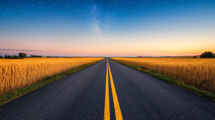 Naklejka premium Endless Road Through Golden Fields Under Starry Night Sky