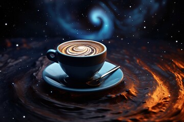 A cup of coffee with intricate latte art resembling a spiral galaxy, resting on a saucer, all set against a swirling cosmic background.