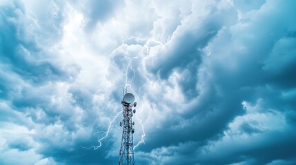 Obraz premium A dramatic shot of a lightning bolt striking a radio tower, with storm clouds swirling around it.