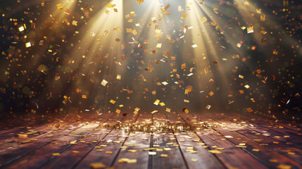 Golden confetti falls on the stage with a spotlight and wood floor background, isolated on a pastel background, providing copy space for text.