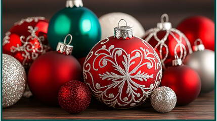 Festive Spheres Christmas Ornaments Red Green Silver Sparkle Display Artistic Arrangement Holiday