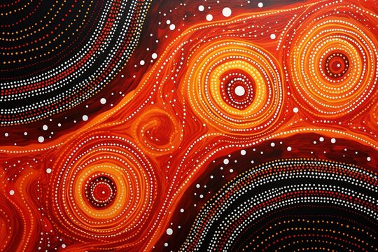 An intricate Aboriginal dot painting depicting Dreamtime stories with vivid colors and patterns.