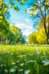 A spring nature scene of a green grass meadow in a park with trees under a blue sky is blurred in the background.