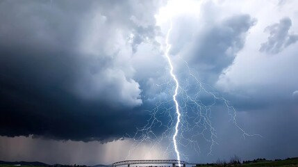 A thunderstorm over a bridge, with lightning illuminating the structure and rain pouring down.