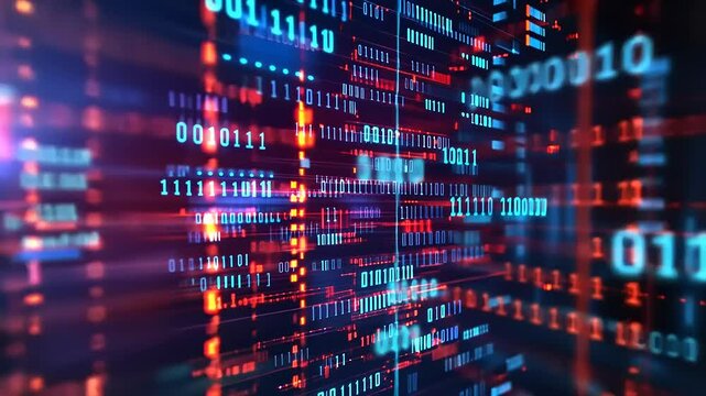 A digital data stream represented by binary code and glowing, abstract, red and blue light.
