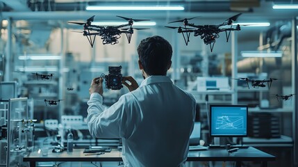 In a cutting-edge laboratory pulsing with creativity and innovation, a robotics engineer intently guides a fleet