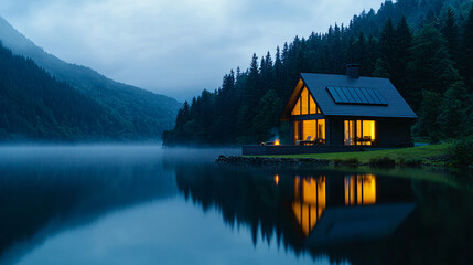 Naklejka premium Lakeside Cabin Twilight Retreat in Mountain Forest Landscape Reflecting in Still Water