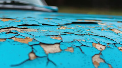 A weathered blue car with peeling paint.