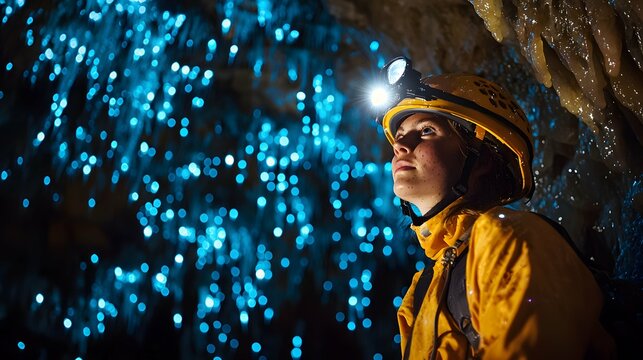 Venturing into the enchanting glowworm caves, the speleologist feels an exhilarating rush as their helmet