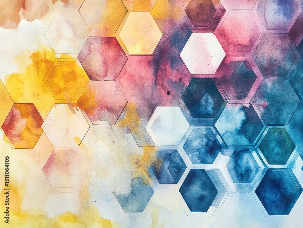 Poster colorful hexagon watercolor: an abstract composition featuring overlapping watercolor washes and geo
