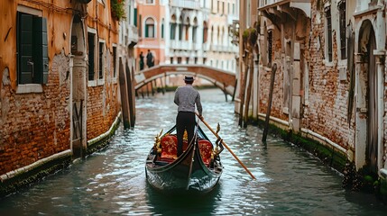 A skilled Venetian gondolier gracefully steers a traditional gondola through the picturesque canals of Venice,
