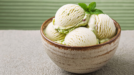 Fototapeta premium Pistachio Ice Cream Delight Scoops in Ceramic Bowl with Mint Green Backdrop Closeup Presentation