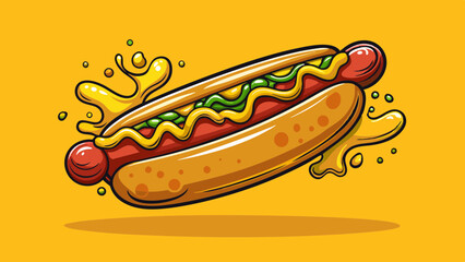 A hot dog topped with mustard leaps dynamically, mustard splattering sensationally against a yellow backdrop, embodying zest, flavor, and playful culinary