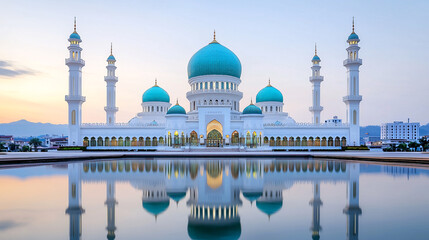 Obraz premium Serene Mosque with Turquoise Domes and Reflective Pool against Twilight Sky Architectural Splendor