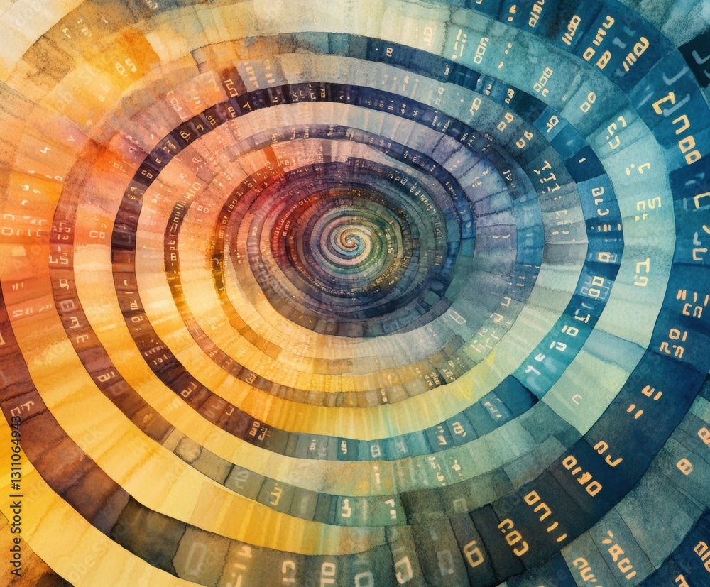 Poster data spiral: abstract representation of data, arranged in a mesmerizing spiral pattern, radiating wi