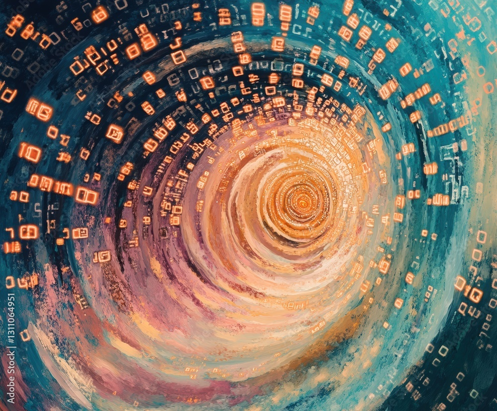 Poster digital data vortex: a mesmerizing abstract depiction of a vortex composed of digital data streams, 